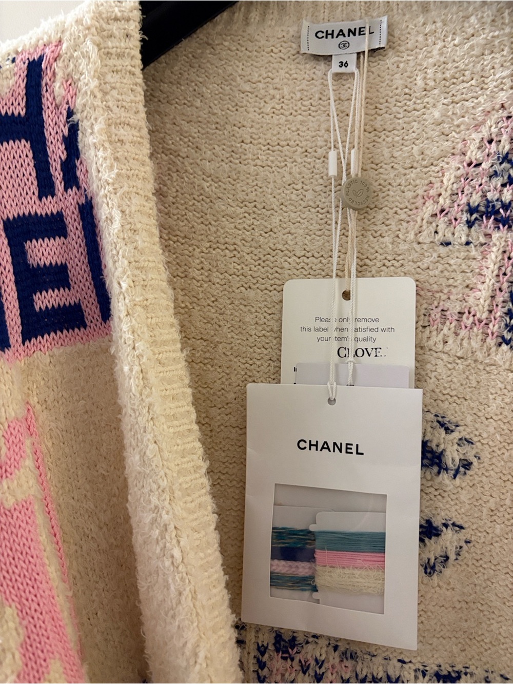 CHANEL Cream Bouclé Logo-Print Robe Jacket with Pink & Blue Accents - Picture 4 of 5